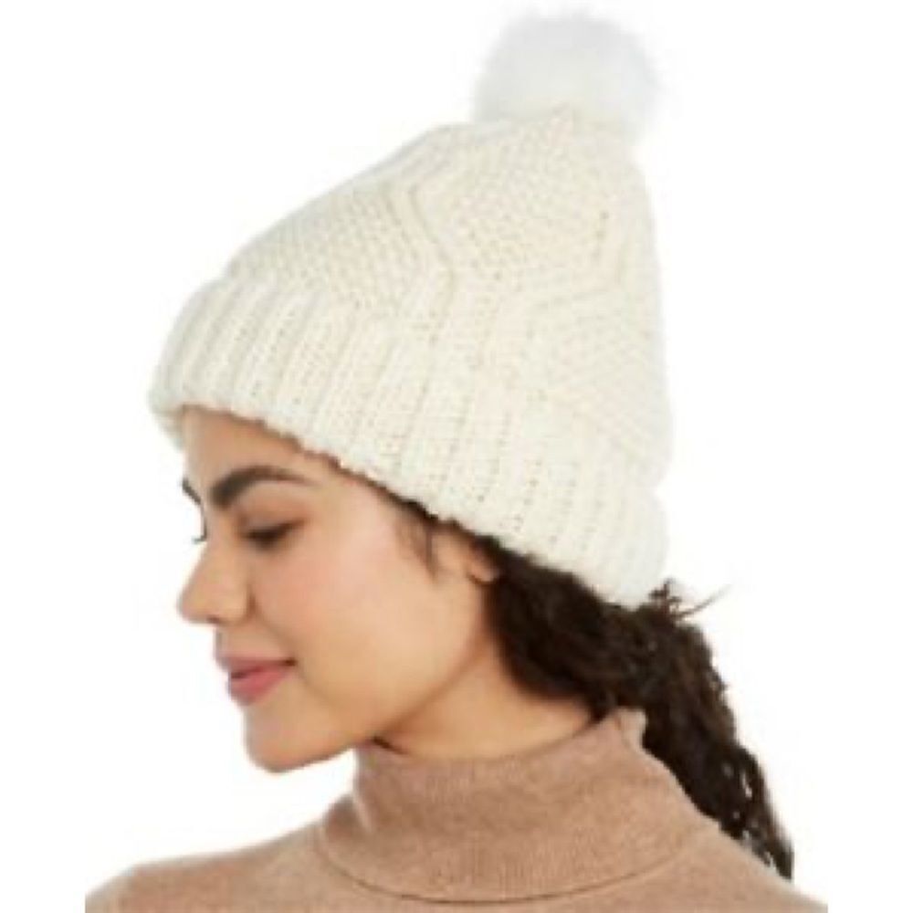 INC Cable Shine Ivory Beanie with Faux Fur NWT